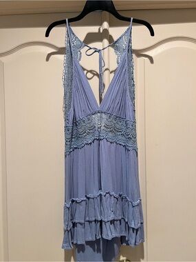 Light Blue Lace Trim Spaghetti Strap Dress